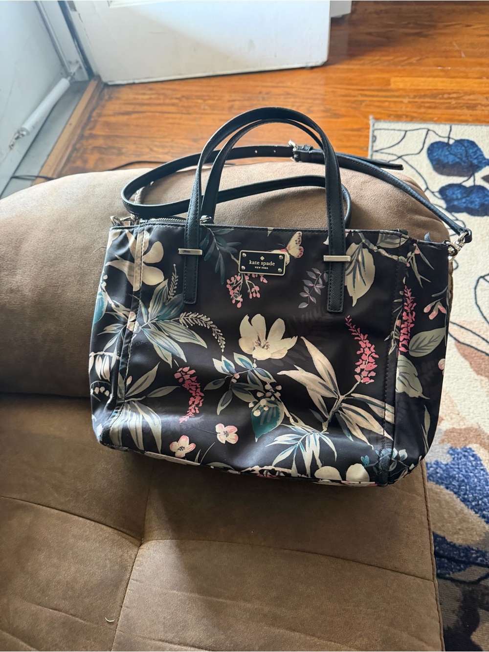 kate spade Black Floral Satchel with Pink & Cream Accents